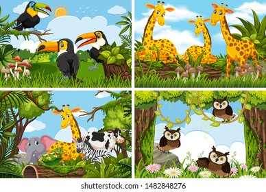 Set of various animals in nature scenes illustration