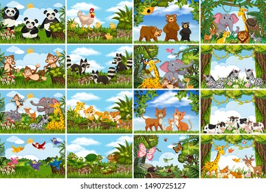 Set of various animals in nature scenes illustration