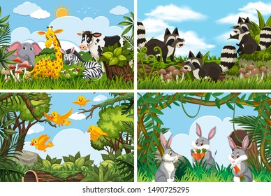 Set of various animals in nature scenes illustration