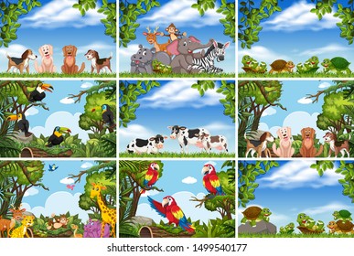 Set of various animals in nature scenes illustration