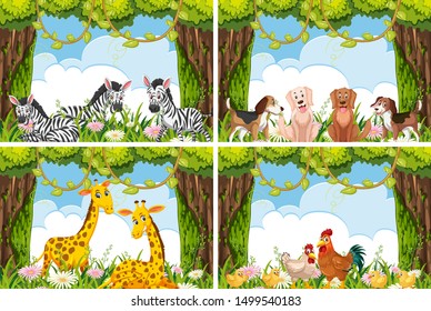 Set of various animals in nature scenes illustration