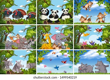 Set of various animals in nature scenes illustration