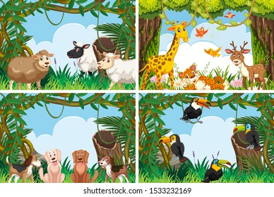 Conjunto de diversos animales en la ilustración de escenas de la naturaleza