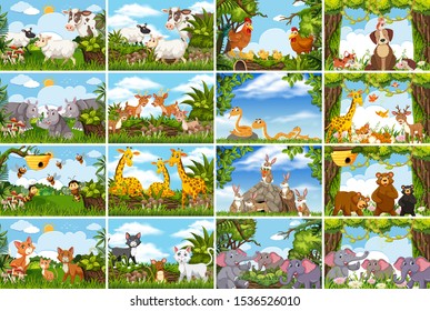 Reihe verschiedener Tiere in Naturszenen Illustration