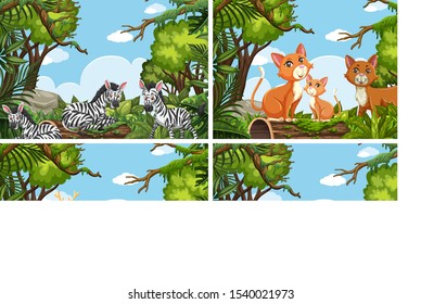 Set of various animals in nature scenes illustration