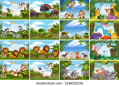 Set of various animals in nature scenes illustration