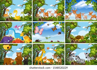 Conjunto de diversos animales en la ilustración de escenas de la naturaleza