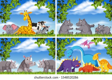Set of various animals in nature scenes illustration