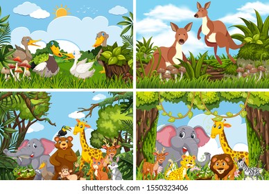 Set of various animals in nature scenes illustration