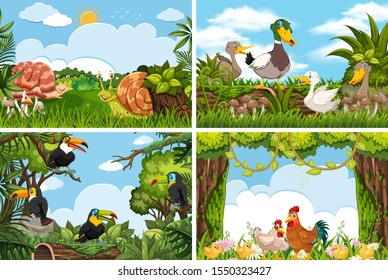 Reihe verschiedener Tiere in Naturszenen Illustration