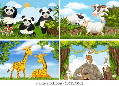 Set of various animals in nature scenes illustration