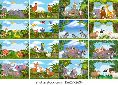 Set of various animals in nature scenes illustration