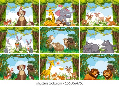 Set of various animals in nature scenes illustration