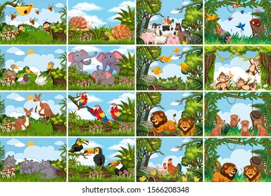 Set of various animals in nature scenes illustration