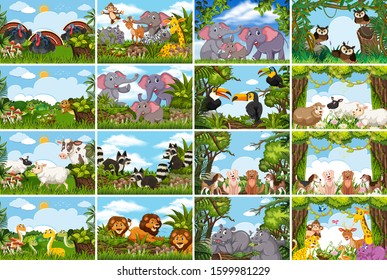 Set of various animals in nature scenes illustration