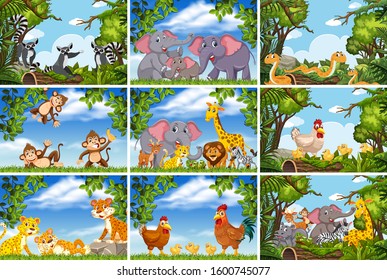 Set of various animals in nature scenes illustration