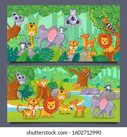 Set of various animals in nature scenes illustration