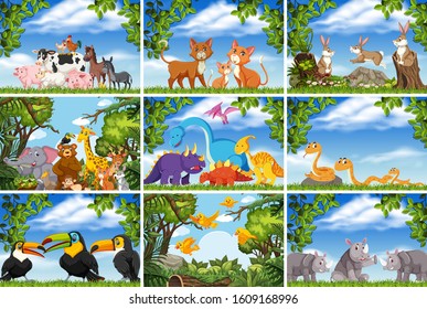 Conjunto de diversos animales en la ilustración de escenas de la naturaleza