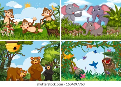 Set of various animals in nature scenes illustration
