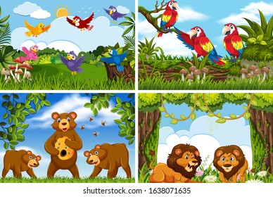 Set of various animals in nature scenes illustration