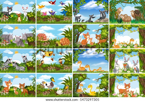 Set of\
various animals in nature scenes\
illustration