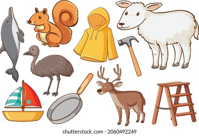 Set of various animals and objects illustration