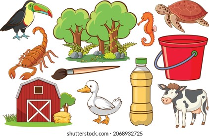 Set of various animals and objects illustration