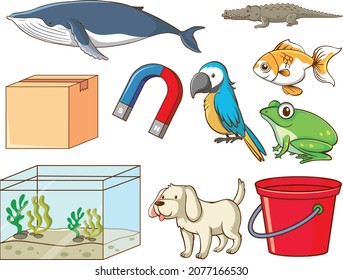 Set of various animals and objects illustration