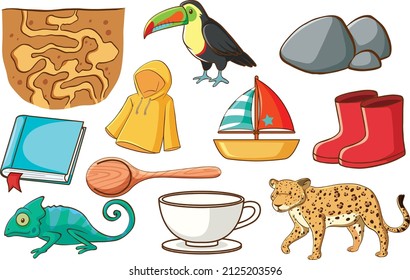 Set of various animals and objects illustration