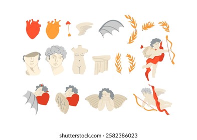 Set of various antique greece and roman sculptures and angels. Vintage and bohemian mythical ancient elements on isolated background. Vector flat hand drawn illustration