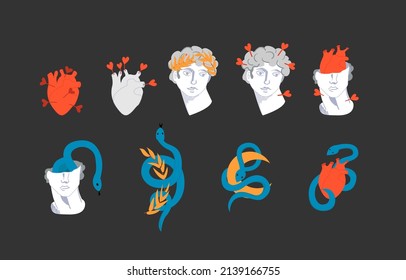 Set of various antuque and mystic vector illustrations. Statue of apollo and david, anatomical heart with arrows and snakes. Greek classic statues in trendy bohemian style