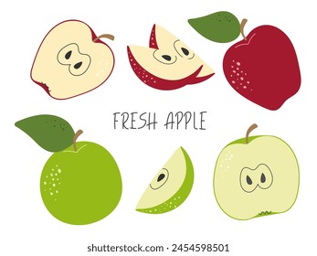 Set of various apples isolated on white. Whole and sliced garden fruit. Abstract flat design drawn healthy food. Element for design. Fresh sweet natural organic fruits