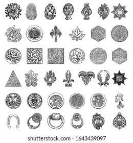 Set Of Various Architect Detailed Elements. Brass Or Stone Pineapple Finial Hand Drawing. Detailed Design Drawings And Round Tiles. Line Work Backgrounds.  Vector.