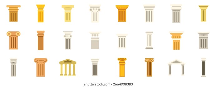 Conjunto de várias colunas arquitetônicas mostrando diferentes estilos e períodos históricos de design clássico