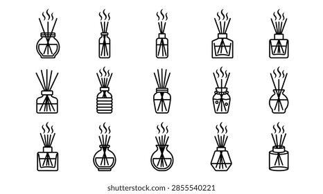 A set of various aroma diffuser bottle icons with reeds and wisps of steam indicating fragrance release.
