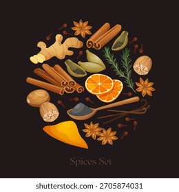 Set of various aromatic spices in a circle shape on a dark brown background with lettering, including star anise, cinnamon sticks, cardamom pods, cloves, rosemary, nutmeg, ginger, orange slices, etc.