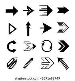 Um conjunto de vários gráficos de seta mostrando diferentes estilos de movimento e direção. Esses símbolos são perfeitos para indicar progresso, escolhas ou navegação em qualquer projeto de design.