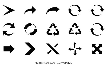 Un conjunto de varios iconos de flecha, incluyendo flechas estándar, flechas curvas, flechas circulares, un símbolo de reciclaje y símbolos direccionales. Los iconos se presentan en un estilo de silueta limpia y minimalista