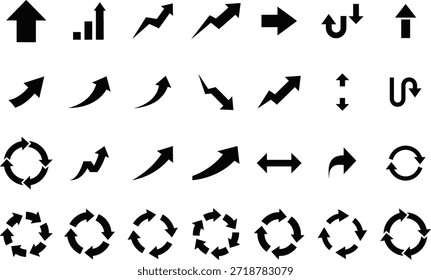 Un conjunto de varios iconos vectoriales de flecha en diferentes estilos y direcciones para su uso en diseño, señalización y aplicaciones direccionales.