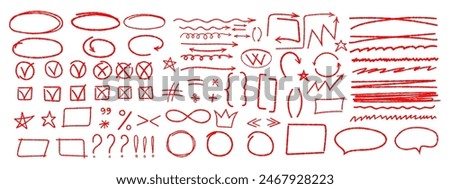 Set of various arrows, symbols, punctuation marks asterisks colons, underscores, crossings drawn in red chalk or pencil. Vector elements strokes pencil or charcoal bubbles wavy lines, swoosh