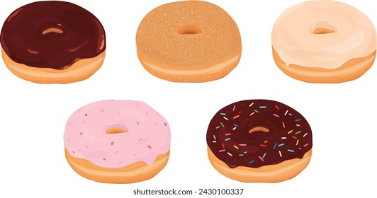 Juego de varios donuts surtidos. Dibujado a mano ilustración vectorial. Chocolate cubierto, canela, azúcar glaseado, fresa, espolvorear.