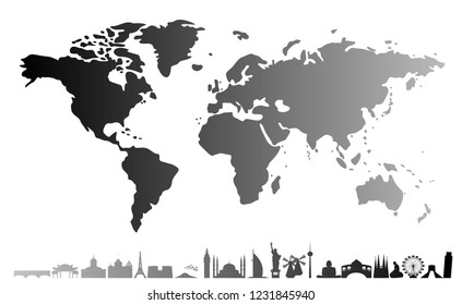 set of various attractions on the background of a geographical map of the world.