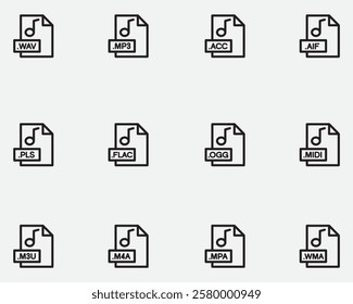 set of various audio format file outline icon symbol .sound document thin line icons isolated on background