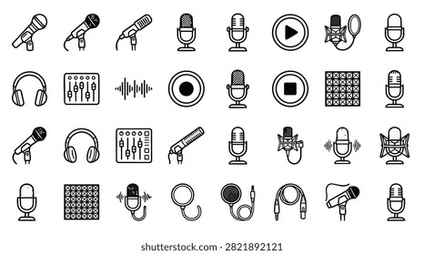 A set of various audio recording equipment icons including microphones, headphones, soundboards, and recording symbols.