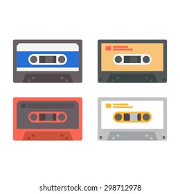 Set of various audio tapes in flat style