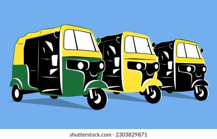 Set of various auto rickshaw bajaj tuk tuk isometric vector illustration