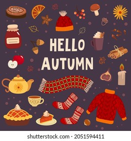 set of various autumn items isolated on transparent background. mushrooms, berries, knitted scarf. sweater, cocoa in a cup, pie. vector illustration 