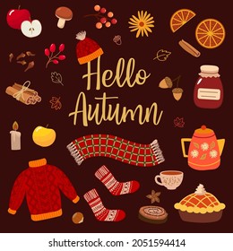 set of various autumn items isolated on transparent background. mushrooms, berries, knitted scarf. sweater, cocoa in a cup, pie. vector illustration 