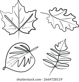 set of various autumn leaves from different trees in black colors in line art style, for logos, printing or various designs