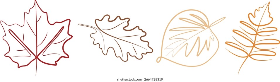 conjunto de várias folhas de outono de diferentes árvores em várias cores no estilo da arte da linha, para logotipos, impressão ou vários desenhos
